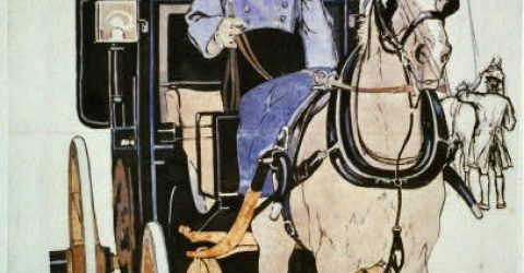 A cab driver in a blue uniform sits atop his carriage, a white horse harnessed and ready for a fare.