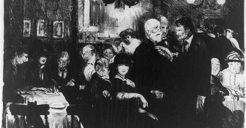 A black and white illustration of several men engaged in energetic discussion in a darkened restaurant or bar.