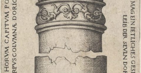 An illustration of the base and capital of a Roman column, with latin writing.
