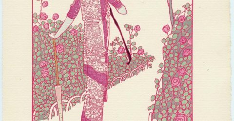 A fashion illustration shows a young woman in a flower dress, an ornate hat, strolling a mid roses.