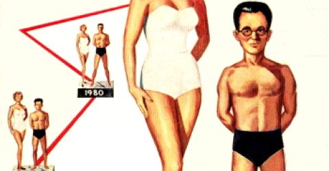 The cover of the October 1954 edition of If magazine, featuring a tap woman in a bathing suit towering over a short man wearing glasses and dressed in a bathing suit.