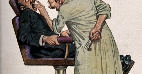 A comical illustration portrays a nervous dentistry patient undergoing an examination by a dentist, who is hiding a vicious-looking tooth extraction instrument behind his back, out of the patient's view.